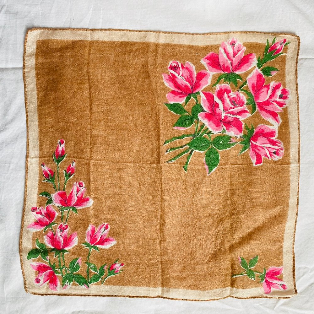 Vintage MCM Handkerchief Floral Bouquet Pink Roses Brown Background Rolled Edge